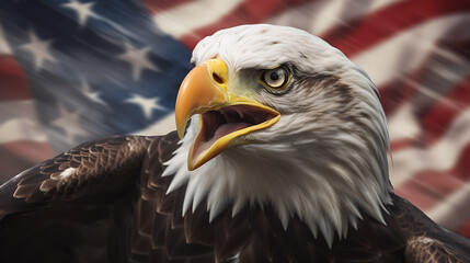 Naklejka premium Bald Eagle and American flag.Created with Generative AI technology.