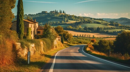 Obraz premium A scenic country road leading to a picturesque landscape. Generative ai.