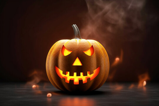 Halloween pumpkin head jack o lantern with glowing face on dark backgeound