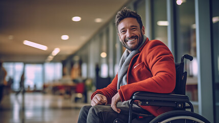 Fototapeta na wymiar A smiling man in a wheelchair.Created with Generative AI technology.