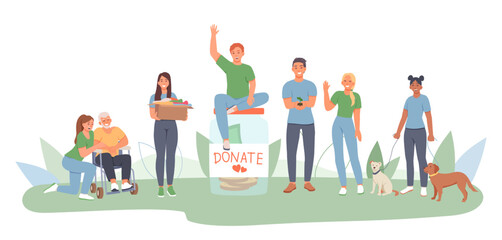 Young female helping man on wheelchair. Male sitting on jar for donate. Lady standing with dogs. Help and care for people in need with clothes and money. Flat vector illustration in green colors