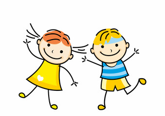 Two bouncing hopping kids, children, girl and boy, funny vector illustration
