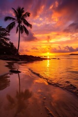 Fototapeta na wymiar Serene Beach Sunset. Beautiful tropical beach with palm trees silhouettes at dusk. Generative ai.