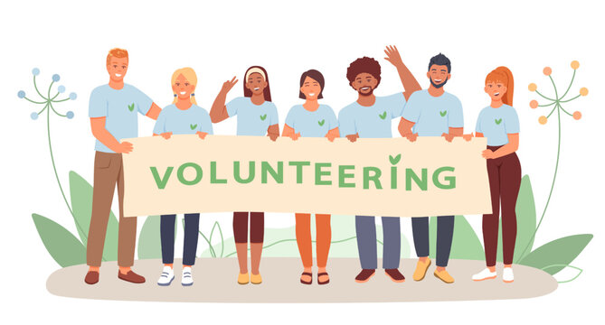 Group of young people holding poster with volunteer slogan and take picture together. Happy volunteers working together. Help and care for people in need concept. Flat vector illustration