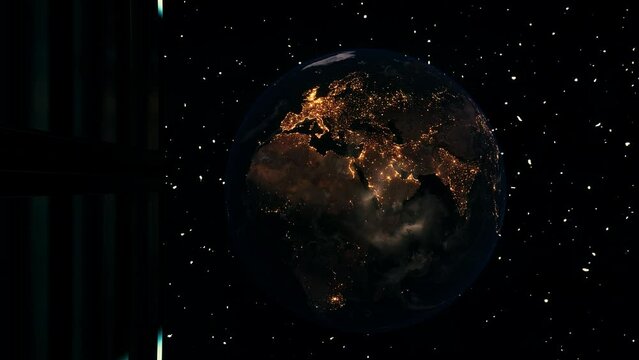 run to planet earth. 3d animation of a futuristic hallway. gravity in space. spaceship in space cinematic look. cinematic of planet earth seen from a ship