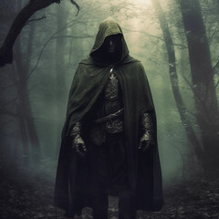 A Green Mage Standing in a Dimly Lit Foggy Forest Generative AI