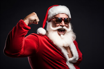 Strong muscular excited Santa Claus posing on black studio background. Generative AI