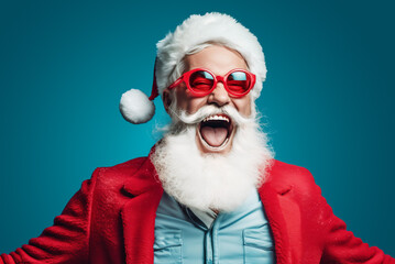 Funny excited Santa Claus wearing red glasses posing on blue studio background. Generative AI