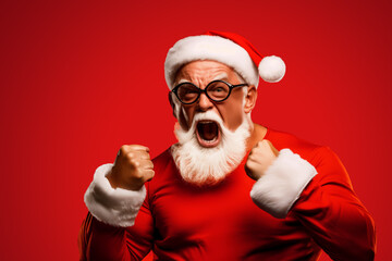 Fototapeta na wymiar Strong funny excited Santa Claus posing on red studio background. Generative AI