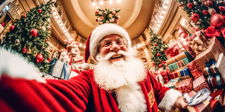 Smiling Santa Claus Santa claus selfie shot in decorated christmas room with gifts. Generative AI