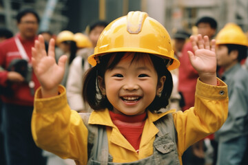 Happy girl in Construction Worker costume with Generative AI