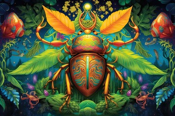 A mystical beetle with intricate patterns scuttles across a bed of ganja leaves, its movements synchronized with the rhythmic beats of nature's symphony illustration generative ai - obrazy, fototapety, plakaty