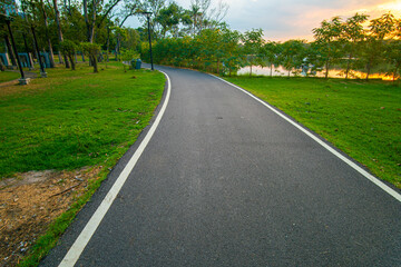 Asphalt walking running and bike road in city park tree forest sunset sky
