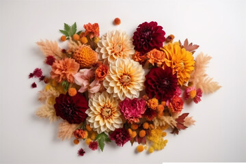 Autumn composition with beautiful flowers on white background