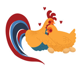 Hand drawn two cute birds, hen and a rooster hugging, solated vector illustration with texture in flat style