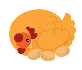Hand drawn cute little hen hatches the eggs, isolated vector illustration in flat design
