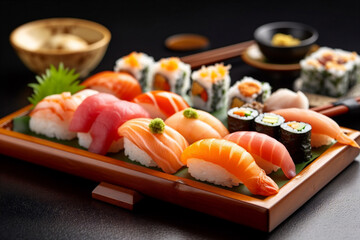 fish meal japanese seafood sushi roll japan set rice food. Generative AI.