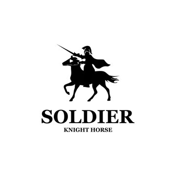 Horse Knight silhouette, Medieval Horse Warrior carrying War Sword for Colossal Movie Cinema Production logo design