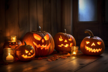 Halloween pumpkin head jack o lantern with glowing face on wooden table backgeound