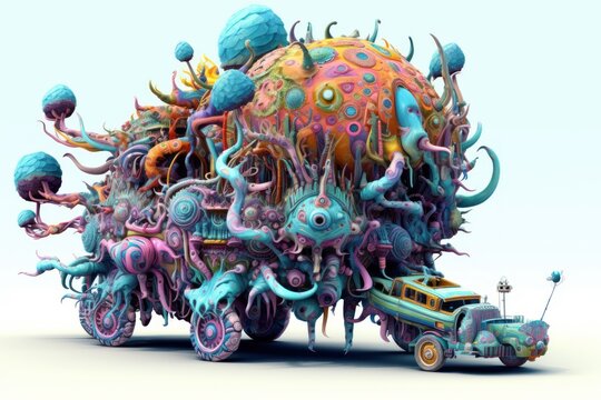 concept object fantasy unbelievable enormous vehicle made of thousands of doodled creatures, ai tools generated image