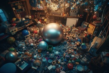 room filled with huge heap of useless things, consumerism concept, ai tools generated image