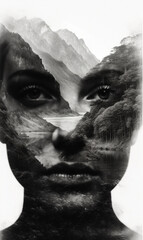 Generative AI Double exposure portrait of a woman combined with a picture of a mountain landscape