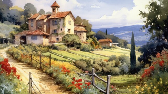 beautiful illustration of an old house in rural landscape, ai tools generated image