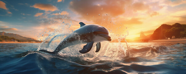 A dolphin in the ocean at sunset (AI generated)