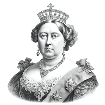 Black and white vintage engraving, headshot portrait of Queen Victoria (Alexandrina Windsor) wearing a crown, face straight-on, facing camera, white background - Generative AI