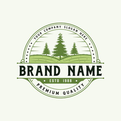 Antique and Pine trees vintage logo ,tree illustration logo, badge and pine logo icon vector design