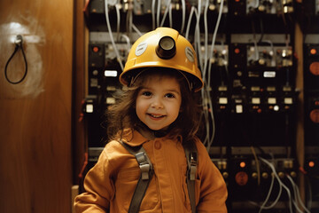 Happy girl in Electrician costume with Generative AI