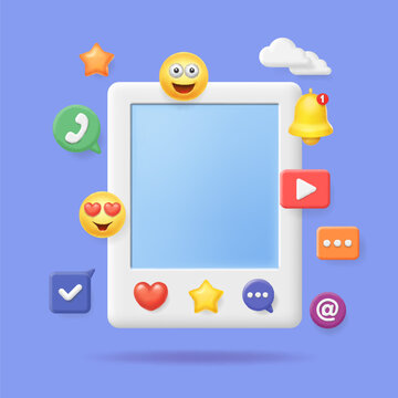 Social network post with elements around. Photo frame with heart, smile, message icons. 3d vector