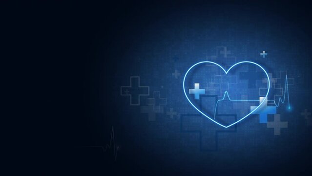 Heart shape with animated cardio pulse. Health care medical blue background with crosses symbols of help. Looped motion graphics.
