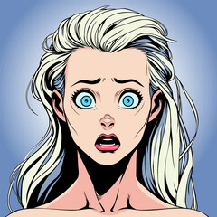 Surprised young beautiful blonde woman with wide open blue eyes and open mouth, vector illustration in cartoon comic style