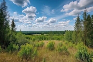 Fototapeta na wymiar Beautiful natural landscape. Coniferous forest and sky. Generative AI.