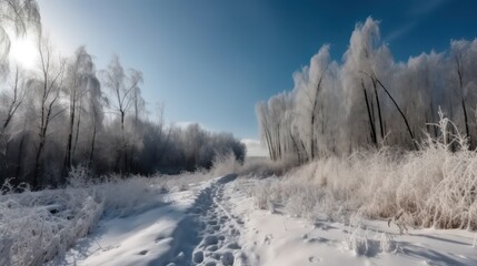 Beautiful winter landscape background. Path in the snowy. Generative AI.