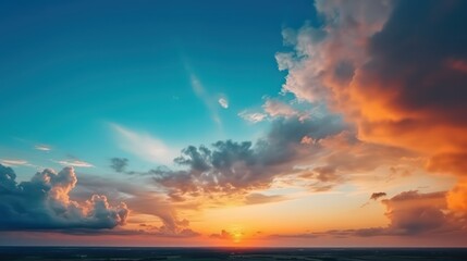 Blue sky with clouds at sunset. Panorama. Bright orange sky. Bright fantasy sky. Generative AI. - obrazy, fototapety, plakaty