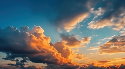 Fototapeta na wymiar Blue sky with clouds at sunset. Panorama. Bright orange sky. Bright fantasy sky. Generative AI.