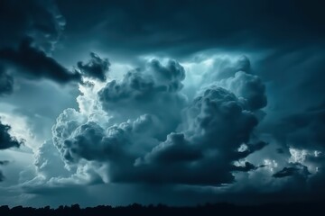 Naklejka na ściany i meble Dark blue sky. Thunderclouds. Dramatic sky wallpaper background. Generative AI.