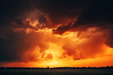 Fototapeta na wymiar Golden sunset. Dramatic orange yellow sky. Thunderclouds wallpaper background. Generative AI.