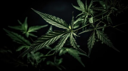 Fototapeta na wymiar Green cannabis leaves on a black background. Hemp. Close-up view wallpaper background. Generative AI.