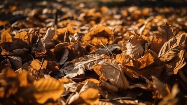 Fallen leaves texture background. Yellow brown orange dry wallpaper background. Generative AI.