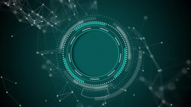 Digital animated circle HUD interface on green background with plexus dots and lines. Futuristic technological looped element. Copy space.