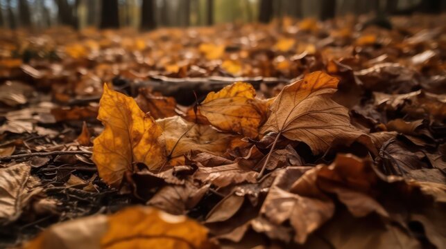 Fallen leaves texture background. Yellow brown orange dry wallpaper background. Generative AI.