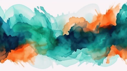Orange blue green watercolor. Orange teal brush stroke wallpaper background. Generative AI.