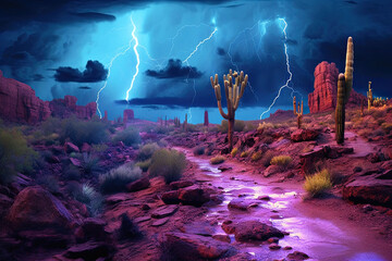 cactus and rocks with monsoon lightning hitting them, ai generative - obrazy, fototapety, plakaty