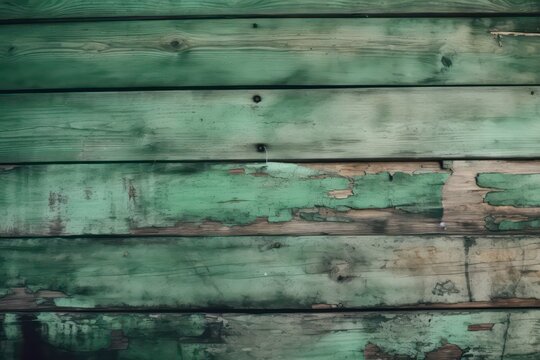 Old painted wood planks green background. Long banner with copy space.. Generative AI.