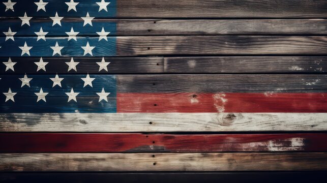 Vintage wood background with USA flag elements wallpaper background. Generative AI.