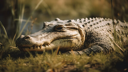 Fototapeta premium Nile Crocodile in Tropical Grasslands. Generative AI