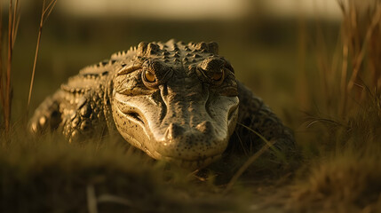 Fototapeta premium Nile Crocodile in Tropical Grasslands. Generative AI